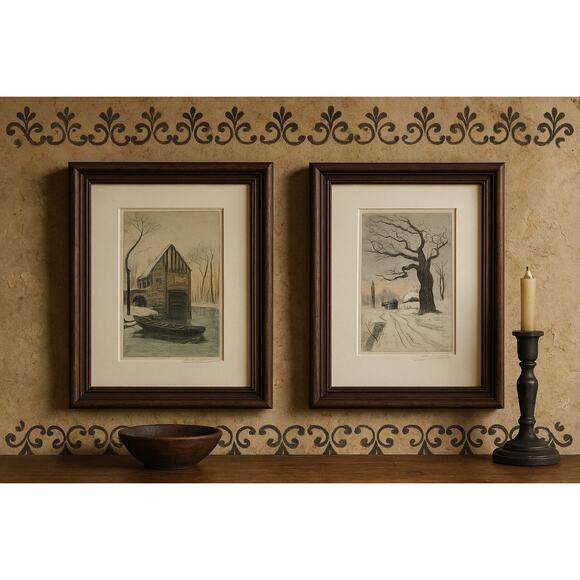 Broyelle Signed Hand-Colored Etchings Pair Rustic Winter French Folk Art Vibe - Picture 3 of 6